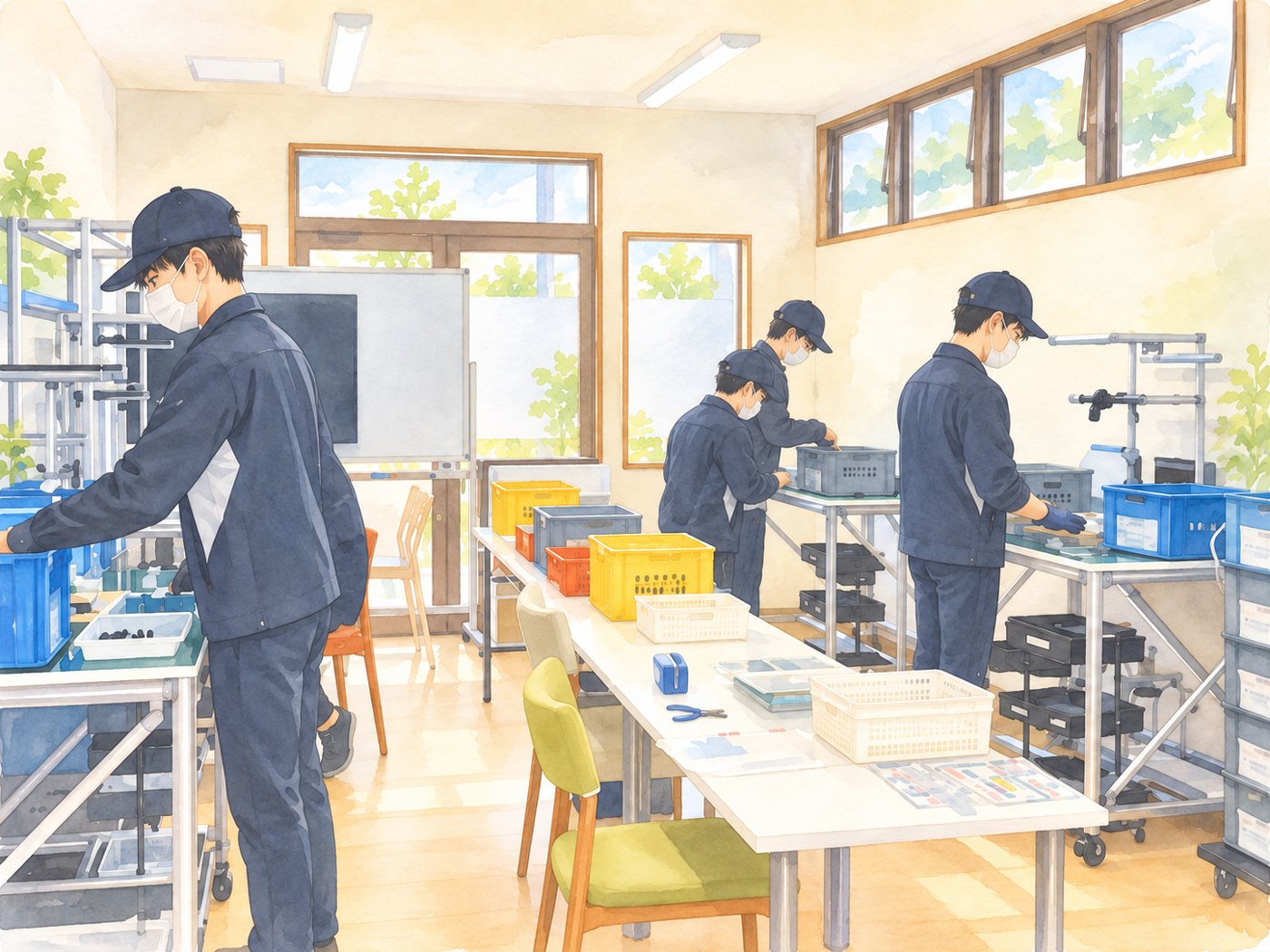 作業室で部品の組付けをする若者たちのイラスト